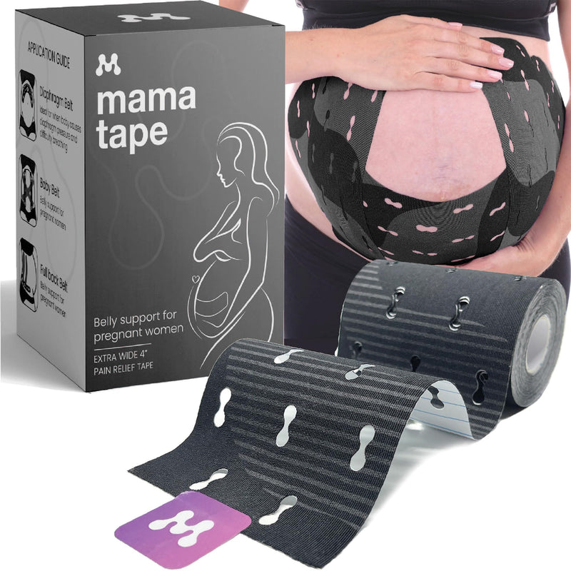 [Australia] - MAMA Tape Pregnancy belly support | pelvic and back Pain Relief | Extra Wide 4" x 16.4' Roll of Kinesiology Tape for Pregnant Skin | Maternity Belly Support | pregnancy must have | Gift for women Matte Black 