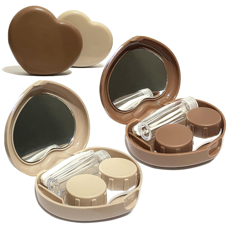[Australia] - 2 Pack Heart Cute Contact Lens Case, Travel Contact Lens Box with Mirror Tweezers Remover Tool Solution Bottle for Outdoor Office Daily Use Beige, Light brown 