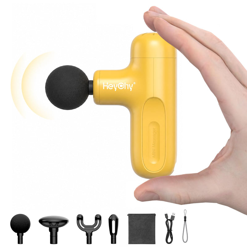 Super Mini Massage Gun Deep Tissue, Handheld Muscle Massager with 4 Heads, Percussion Travel Size Massager Gun FSA Eligible for Men Women Back Relief, Quiet for Home, Gym, Office, HSA, Yellow | 4 Heads for Men Women Muscle Relief, Back Neck Legs, Quiet...