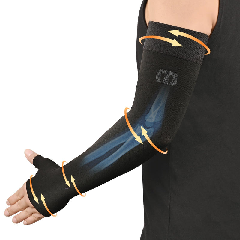 MGANG Lymphedema Compression Arm Sleeve with Gauntlet for Women Men, Opaque, 15-20 mmHg Medical Graduated Compression Full Arm Support, Thumb Lymph Edema Arm Sleeve, Pain Relief, Arthritis, Black L Large (Single) 15-20mmhg Black