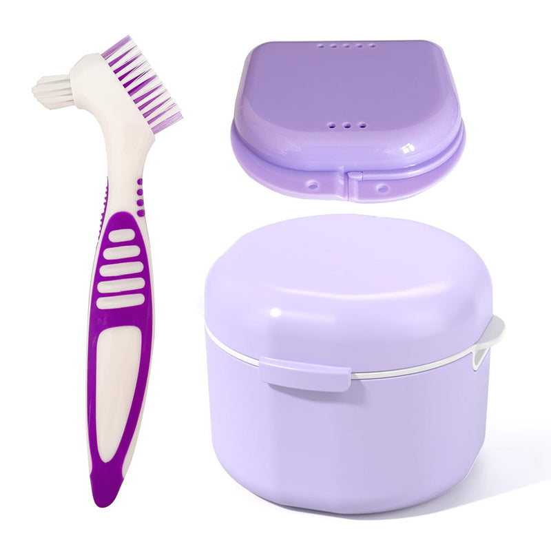 [Australia] - Denture Bath Case Cup Box Holder Storage Container with Denture Cleaner Brush Strainer Basket for Travel Cleaning(Purple) Purple 