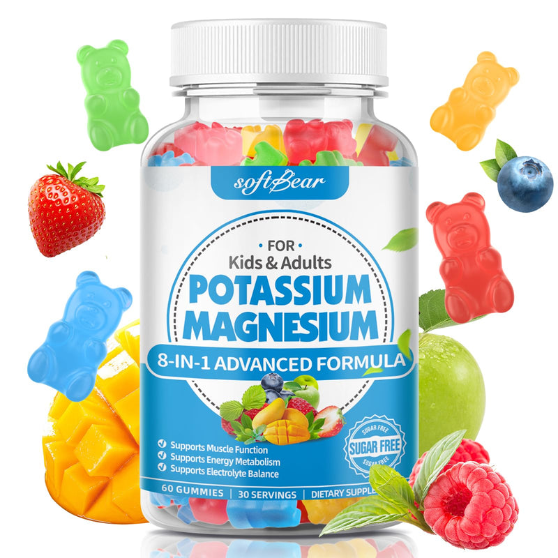 softbear Potassium Gummies for Adults, High Absorption Potassium Magnesium Supplement with Vitamin B6 CoQ10 for Leg Cramps & Muscle Health Sugar-Free Vegan Mixed Fruit Flavor 60 Gummies 60 Count (Pack of 1)
