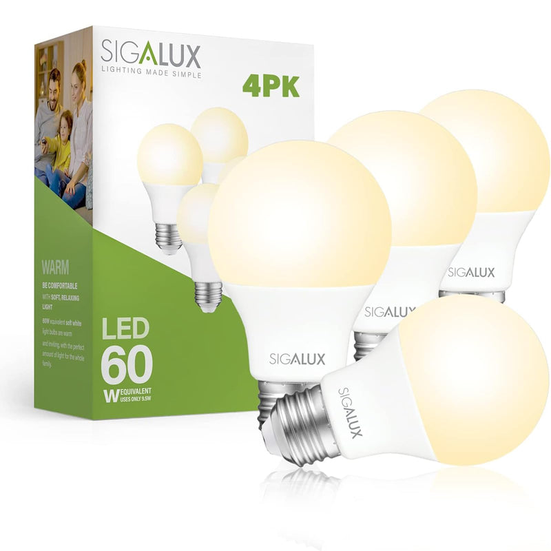 [Australia] - Sigalux LED Light Bulbs 60 Watt Equivalent A19 Standard Light Bulbs 2700K Warm, Non-Dimmable Energy Efficient 9.5W LED Soft White Bulb with E26 Medium Base, 800 Lumens, UL Listed, 4 Packs 4 Count (Pack of 1) 