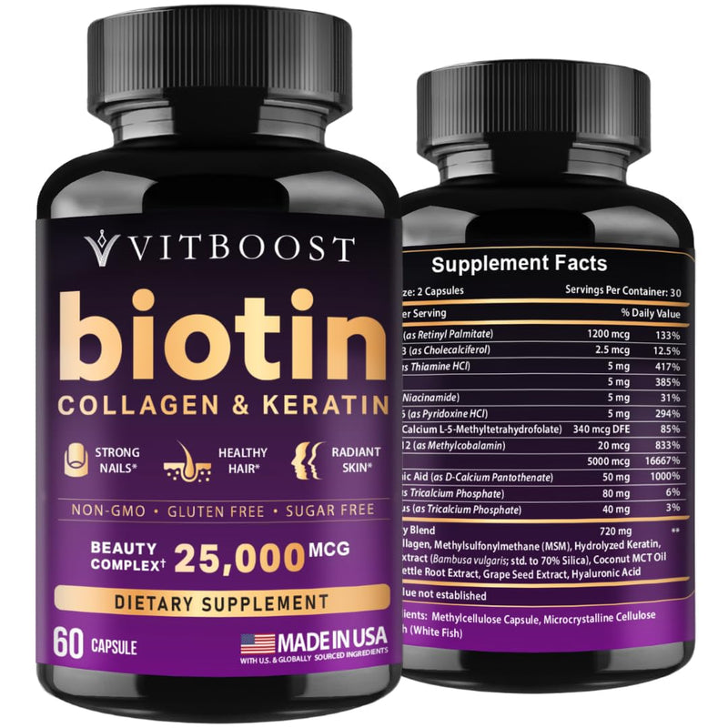 VITBOOST Biotin with Hyaluronic Acid, Collagen and Keratin - 60Ct, 25000mcg | Hair Growth Vitamins for Men and Women - Nails and Skin, USA Made - Third Party Tested, B1, B2, B3, B6, B7 Complex 60 Count (Pack of 1)