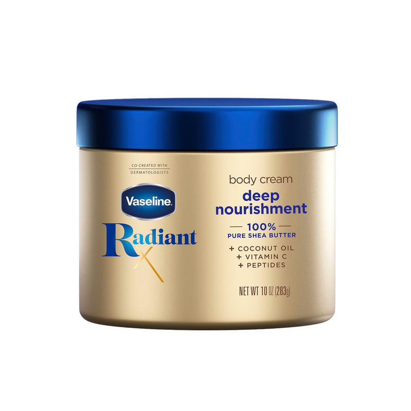 Vaseline Radiant X Deep Nourishment Body Cream 100% Pure Shea Butter, Coconut Oil, Vitamin C, & Peptides 10 oz 10 Ounce (Pack of 1) Skin moisturizer