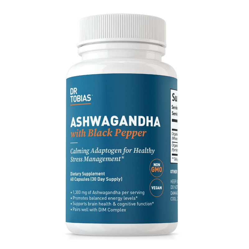 [Australia] - Dr. Tobias Ashwagandha Capsules, 1300mg Organic Ashwagandha Root Extract Per Serving with Black Pepper, Calming Adaptogen, Energy & Focus Supplement, 60 Vegetarian Capsules 