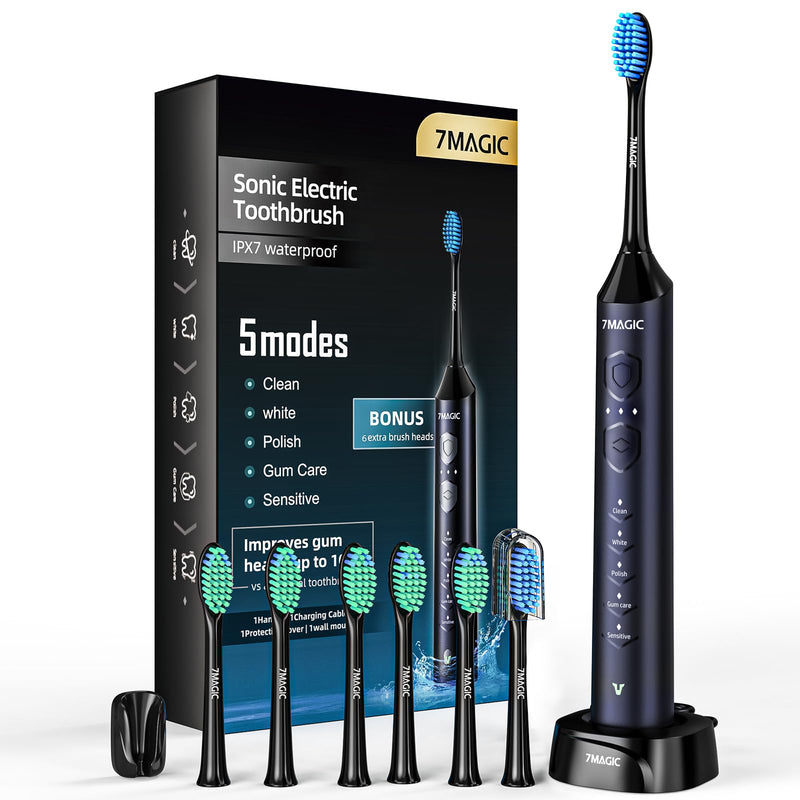 [Australia] - Electric Toothbrush for Adults, Sonic Electric Toothbrush with 3 Intensity Levels & 5 Modes, One Charge for 60 Days, Rechargeable Toothbrush with 6 Toothbrush Heads & 40,000 VPM Deep Clean(Blue) Blue 