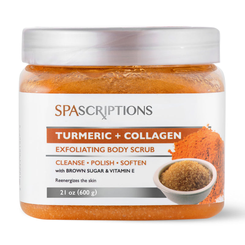 SpaScriptions Turmeric & Collagen Sugar Scrub - Brightening Body Scrub Exfoliator with Brown Sugar & Vitamin E, Ideal for for Dull & Uneven Skin Tone, Helps Support Glowing, Smooth & Firm Skin, 21 oz 21 Ounce (Pack of 1)