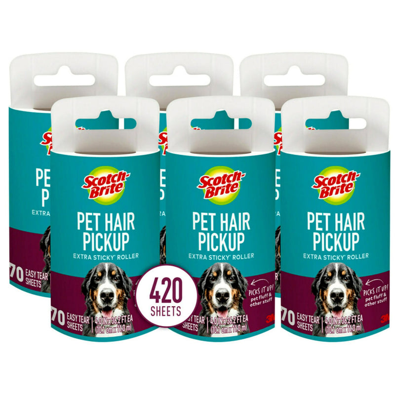 [Australia] - Scotch-Brite Pet Extra Sticky Lint Roller for Pet Hair, Furniture, and Clothes, 6 Roller Refills, 420 Sheets, 839RFS-70, White 6 Refills, 420 Sheets 