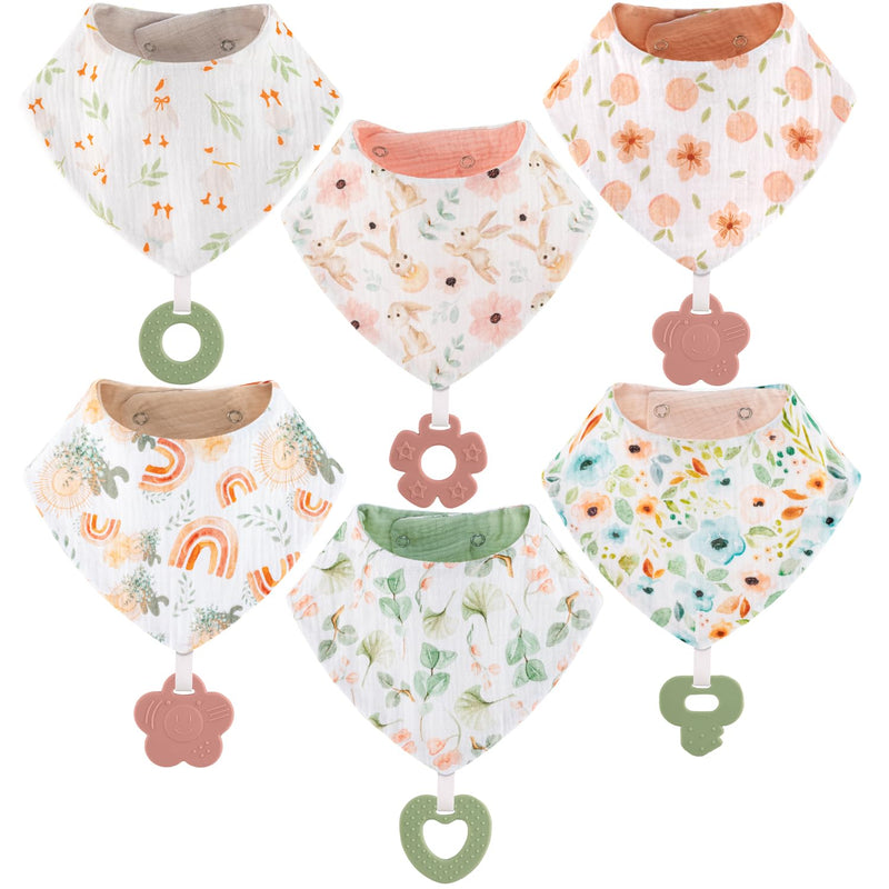 [Australia] - Baby Bandana Drool Bibs 6-Pack and Teething Toys 6-Pack Made with 100% Organic Cotton, Absorbent and Soft Unisex Muslin Bibs Pattern Girlsl 