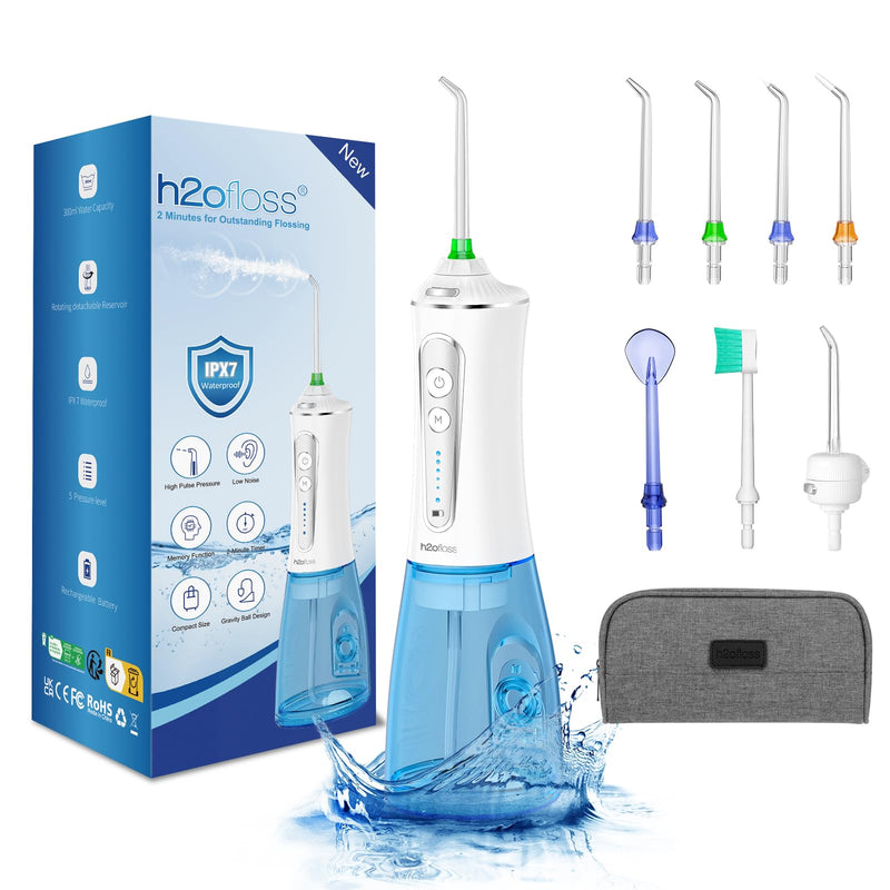 [Australia] - H2ofloss Water Dental Flosser for Teeth Cordless,300ML Portable & IPX7 Waterproof Teeth Cleaner Picks,5 Modes Rechargeable Oral Irrigator with Refilled Nozzle for Home/Travel White 