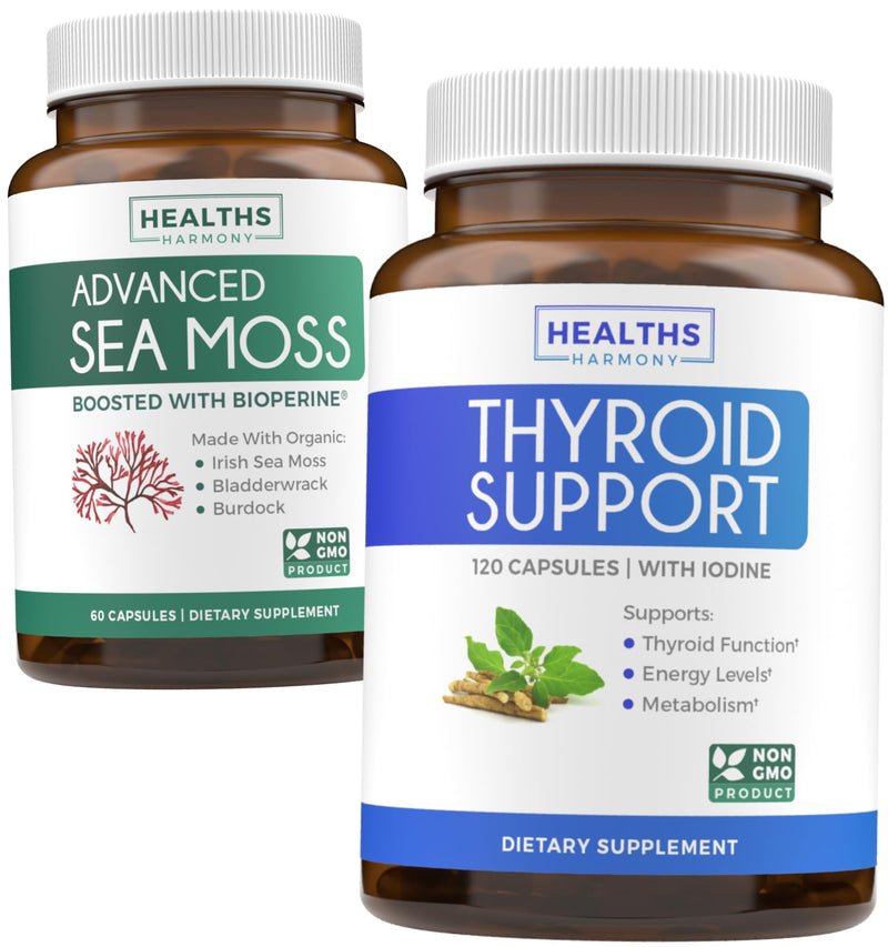 Bundle of Thyroid Support & Sea Moss - Sea Moss Thyroid Care Pack - Thyroid Support with Iodine (120 Caps) & Irish Sea Moss Capsules - Raw Vegan Supplement with BioPerine (Non-GMO & Organic)