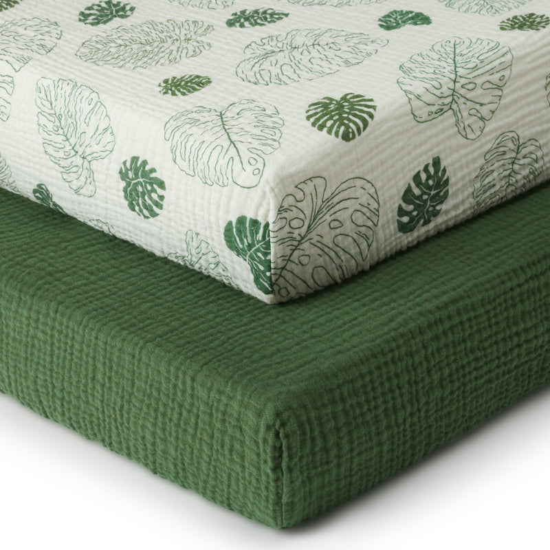 [Australia] - Muslin Crib Sheets, Cotton Neutral Crib Sheet for Baby Girls and Boys, Fitted for Standard Crib Mattress & Toddler Bed Mattress (52"x28"), Soft and Breathable, 2 Pack(Monstera&Dark Green) Monstera & Dark Green Crib Sheets 2 Pack 