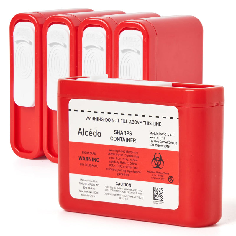 Alcedo Portable Sharps Container for Travel and Home Use (5-Pack), Small 0.1L Container for Diabetes Insulin Pen Needle Disposal, Mini Sharps Box, Medical Grade 5