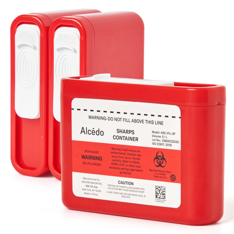 [Australia] - Alcedo Portable Sharps Container for Travel and Home Use (3-Pack), Small 0.1L Container for Diabetes Insulin Pen Needle Disposal, Biohazard Syringe Mini Container, Medical Grade 3 