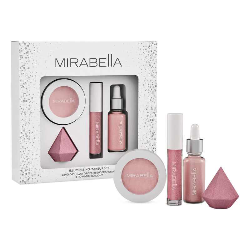 [Australia] - Mirabella 4-Piece Makeup Set for Women & Girls, Illuminizing Holiday Gift Set - Make-Up Set Includes Lip Gloss, Glow Drops, Powder Highlight & Blender Sponge - Talc-Free & Paraben Free Cosmetic Set 