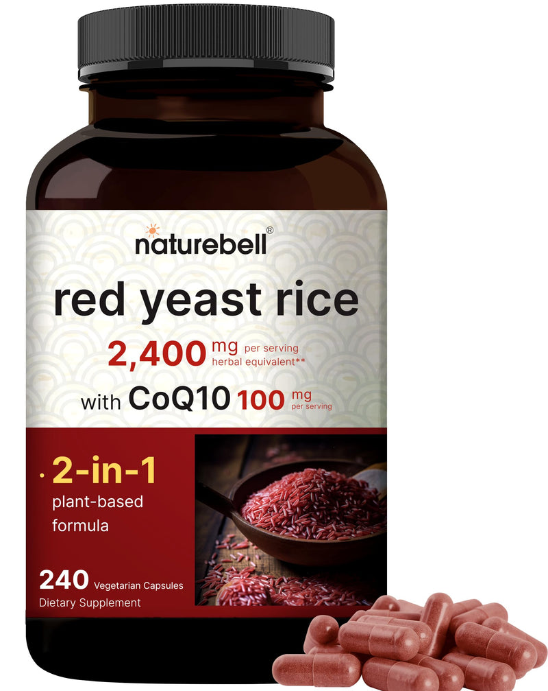 [Australia] - NatureBell Red Yeast Rice 2,400mg with CoQ10 100mg | 240 Veggie Capsules (1,200mg Per Capsule) – Max Strength Herbal Supplement – Antioxidant Support for Energy & Heart Health – Non-GMO 