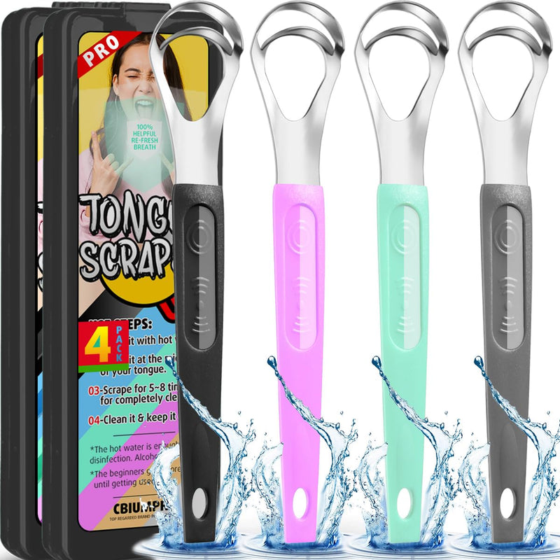 [Australia] - Cbiumpro Tongue Scraper for Kids, Durable Stainless Steel Tongue Scraper, Metal Tongue Scraper for Adults, Tongue Cleaner with Travel Case - Pack of 4 Tongue Scraper -(Senior Black+purple+green+grey) 