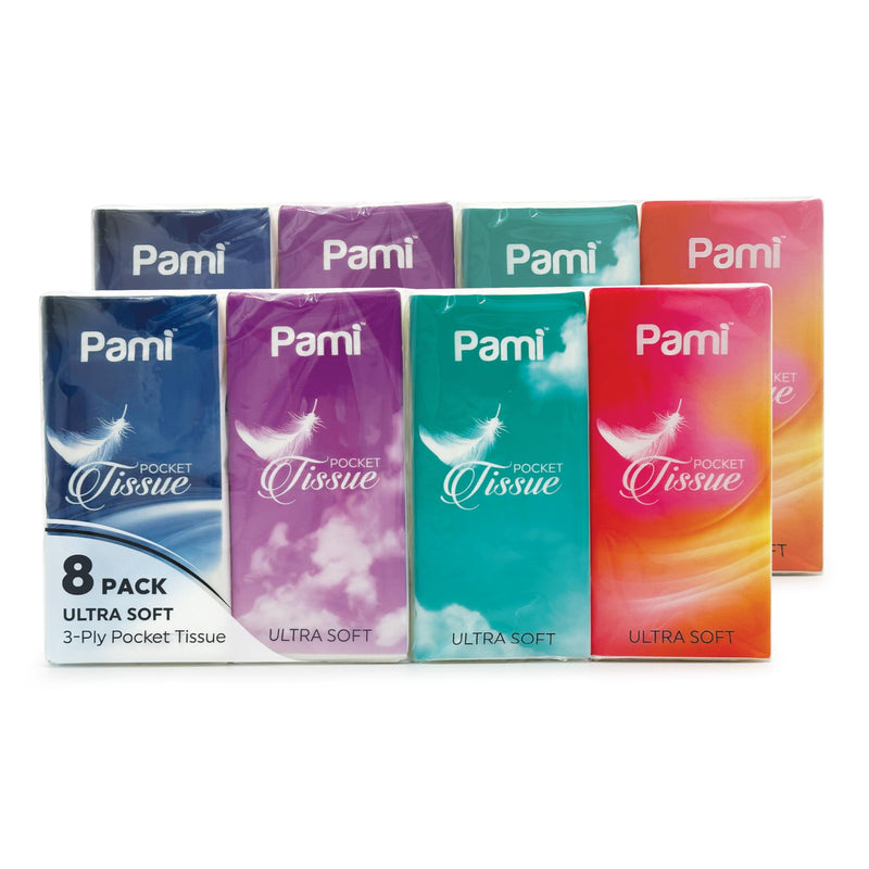 [Australia] - PAMI Ultra-Soft Pocket Tissues [8 Packs x 10 Tissues Per Pack] - 3-Ply Travel Tissue Packs For Kids & Adults- Paper Facial Tissues For Purse, Pocket, Car- Strong & Absorbent Paper Handkerchiefs Pack of 8 