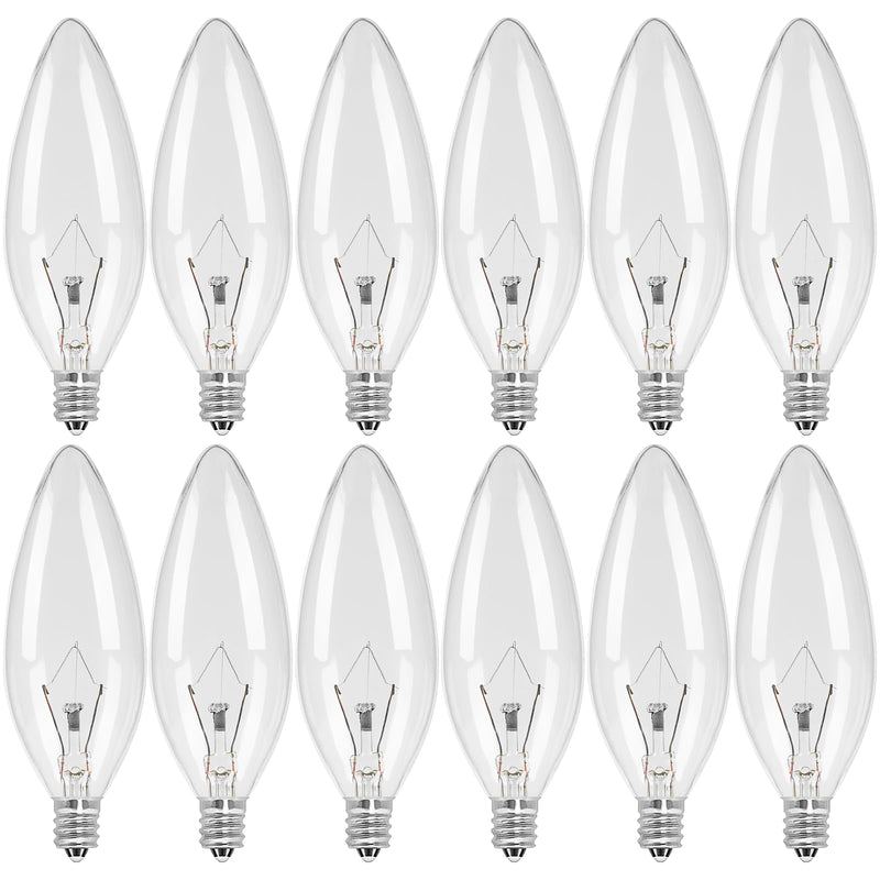 [Australia] - 12-Pack E12 Candle Light Bulbs 40W Warm White 2500K, 380 Lumen Dimmable Chandelier Light Bulbs for Ceiling Fan, Pendants or Outdoor, B10 Clear Candelabra Base Bulbs 40W-12Pack 