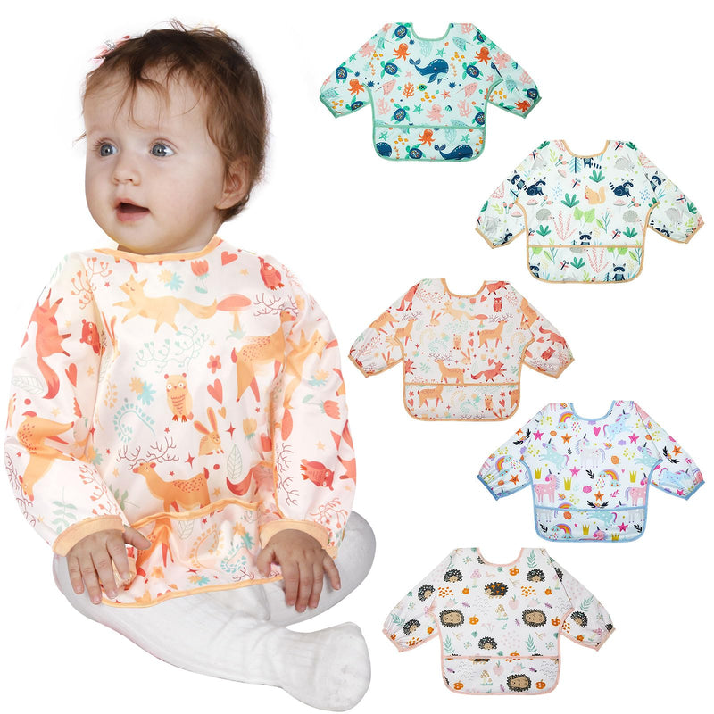 [Australia] - Lictin Baby Bibs for Boys Girls - Long Sleeve Bib, Waterproof Toddler Bibs, 0-24 Months Neutral Baby Smock for Eating Orange Elk/Light Blue Unicorn/Yellow Raccoon/Pink Hedgehog/Green Whale 