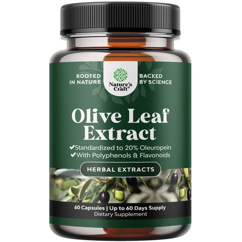 [Australia] - Potent Olive Leaf Extract Capsules - High Strength Antioxidant Supplement with Pure Olive Leaf with 20% Oleuropein - Herbal Heart Health Supplement - Vegan Non-GMO & Gluten Free (2 Month Supply) 60 Count (Pack of 1) 