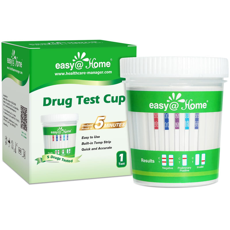 Easy@Home 5 Panel Drug Test Cup, at Home Urine Drug Test Kit, 1 Pack | Testing 5 popular drug, Marijuana (THC),Amphetamine (AMP),Cocaine (COC), Methamphetamine (MET), Opiate (OPI 2000) - ECDOA-254 1 Count