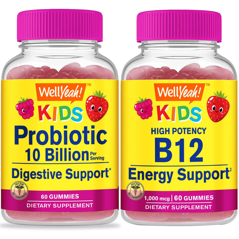WellYeah Probiotics 10B Kids + Vitamin B12 Kids, Gummies Bundle - Great Tasting, Vitamin Supplement, Gluten Free, GMO Free, Chewable Gummy