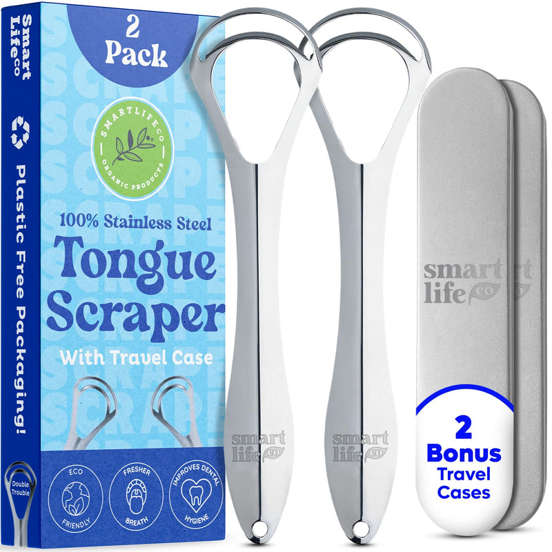 [Australia] - Tongue Scraper For Adults - Dual Head Stainless Steel Tongue Cleaner Travel Metal Case | Bad Breath Mouth Treatment | Best Disposable Metal Plastic-Free Scrubber | Oral Care Hygiene Essential Kit, 2pk Dual Scrape 