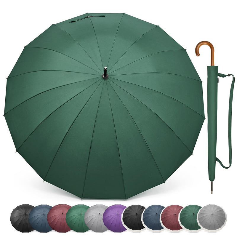 G4Free 54 Inch Large Umbrella for Rain Auto Open Golf Umbrella for 2 People | 16 Ribs Strong Windproof, Heavy Duty Stick Umbrella, Classic Wooden J Handle, Carrying Case，Travel & Golf for Men Women Dark Green