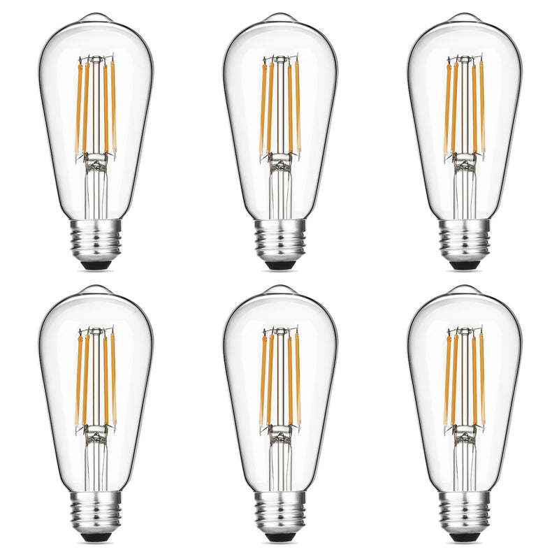 [Australia] - Vintage LED Edison Bulbs 6W, Equivalent 60W Incandescent, Warm White 2700K, ST58 Antique LED Filament Bulbs with 90+ CRI, E26 Medium Base,Dimmable, Clear Glass, Pack of 6 6 Count (Pack of 1) 