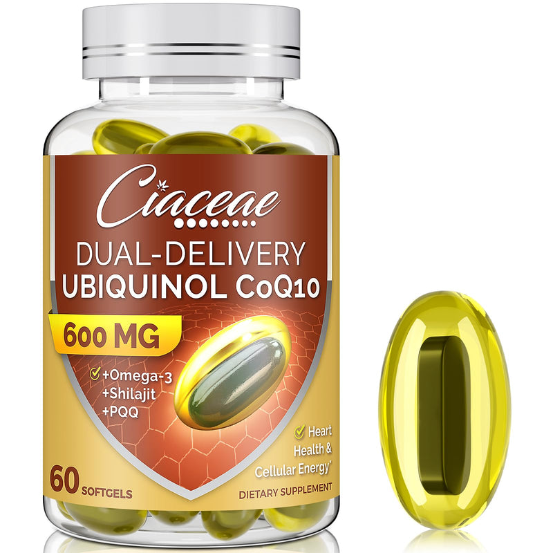 [Australia] - Ubiquinol CoQ10 600 MG Softgels with Omega-3 & Shilajit & PQQ, Advanced Dual-Delivery Coenzyme-Q10, Active CoQ10 Ubiquinol Supplement for Antioxidant, Heart, Brain & Cellular Energy, 60 Servings 60 Count (Pack of 1) 