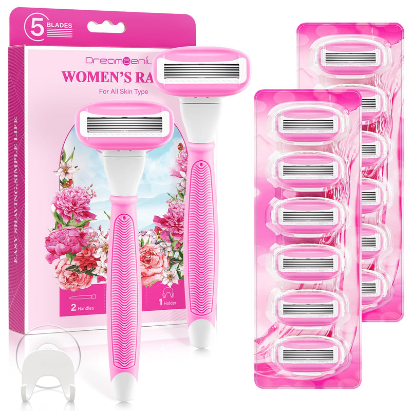[Australia] - Razors for Women Include 2 Non-Slip Handles and 14 Blade Refills with a Shower Holder, 5 Premium Blades Women's Razors for Shaving with 360° Lubrication Reduces Irritation, Pink 
