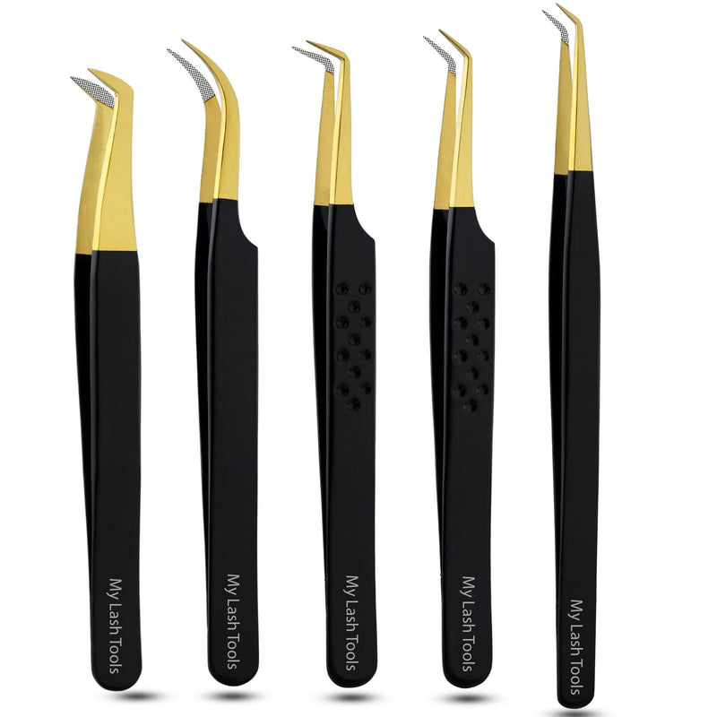 5pcs Fiber Tip Lash Tweezers Set – Curved Classic, Boot Volume, 90° & 45° Angle, Isolation Tweezer for Eyelash Extensions, Precision Stainless Steel, Professional Non-Slip Application Kit 5Pcs Set Lash Tweezers Set/Ftlt-122