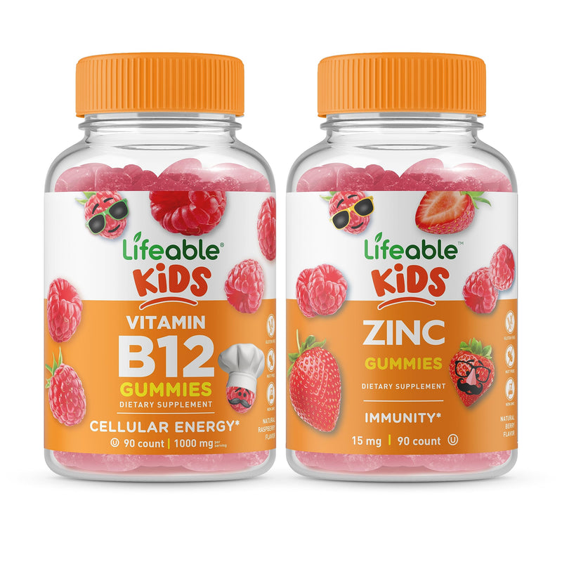 Lifeable Vitamin B12 Kids + Zinc Kids, Gummies Bundle - Great Tasting, Vitamin Supplement, Gluten Free, GMO Free, Chewable Gummy