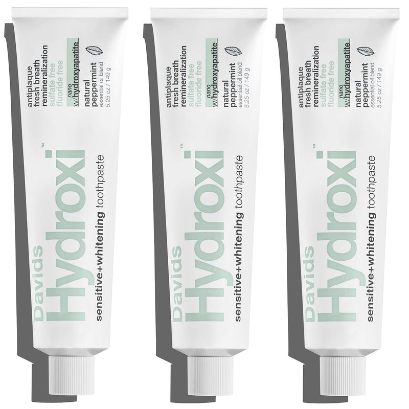[Australia] - Davids Hydroxi Fluoride Free Nano Hydroxyapatite Toothpaste for Remineralizing Enamel & Sensitive Relief, Whitening, Antiplaque, SLS Free, Natural Peppermint, 5.25oz, Made in USA (3 Pack) Sensitive Mint 5.25 Ounce (Pack of 3) 