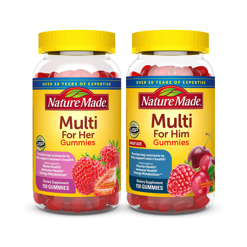 Nature Made Multivitamin Gummies Combo Pack for Him & Her, Tasty Men & Womens Multivitamin with Vitamin C, Vitamin D3, B Vitamins, Zinc & More, Two Multivitamin Bottles