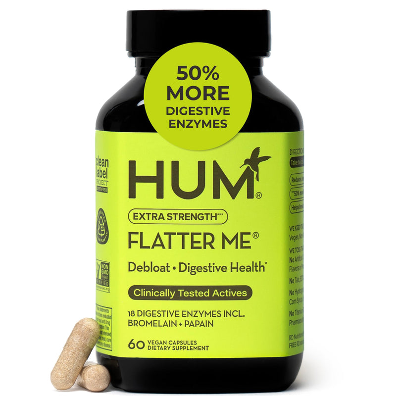 [Australia] - HUM Flatter Me Extra Strength Digestive Enzymes for Women, Men, Digestive Gut Bloating Supplement, Ginger, Peppermint Leaf, Fast Acting Anti Bloat Pills Multi Enzyme for Debloating, 60 Capsules 