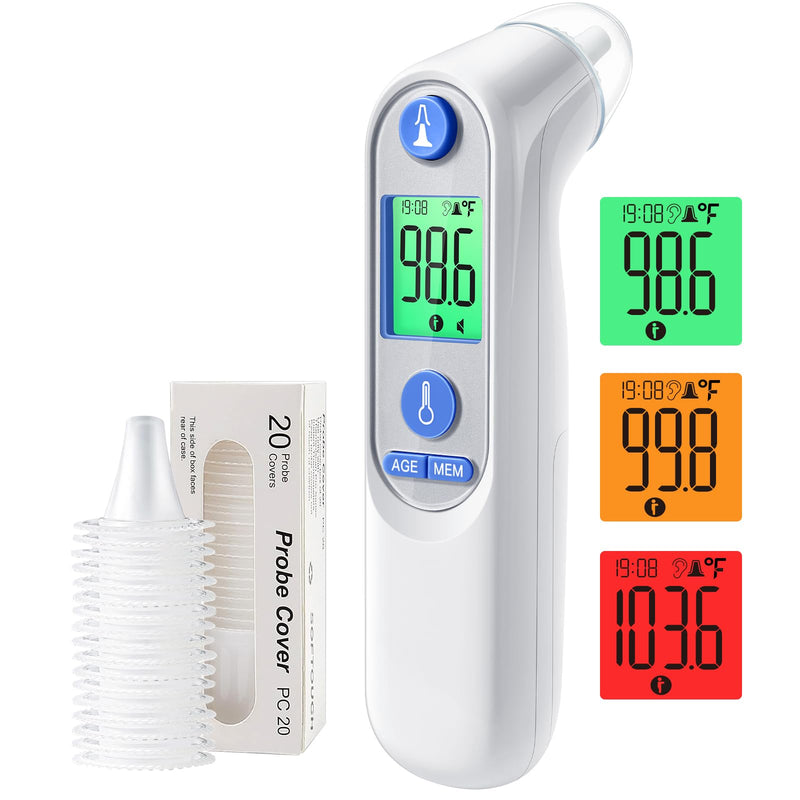 [Australia] - Ear Thermometer, Digital Ear Thermometer for Kids and Adults, High Accuracy Baby Thermometer with 1s Result, 3-Color Coded and 30 Memory Recall, Easy to Use, with 21 Disposable Probe Covers White 