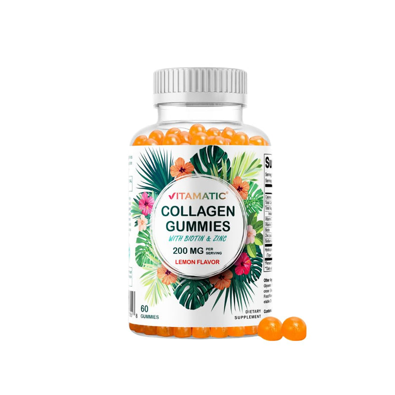 Vitamatic Hydrolyzed Collagen Gummies with Vitamin C, Zinc and Biotin, 200 mg - Healthy Skin Support - 60 Gummies 60 Count (Pack of 1)