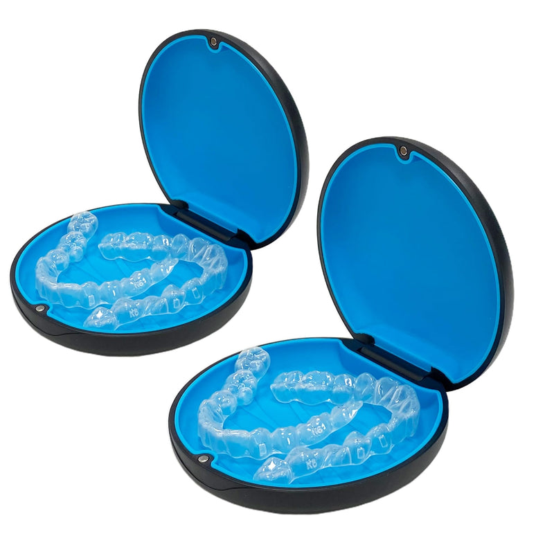 [Australia] - Retainer Case,Cute Slim Aligner Case Compatible with Invisalign,Customized Magnetic Closure Orthodontic Retainer Case (2 Pack Black + Blue Silicone) 2 Pack Black + Blue Silicone 