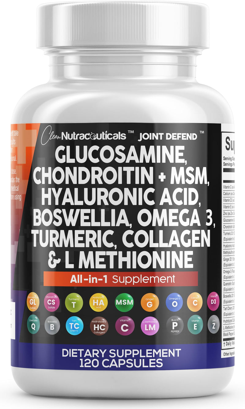 [Australia] - Clean Nutraceuticals Glucosamine Chondroitin MSM Turmeric Hyaluronic Acid Boswellia Collagen Tart Cherry - Joint Support Supplement Omega 3 Pills Ginger Quercetin Capsules - 120 Count USA 