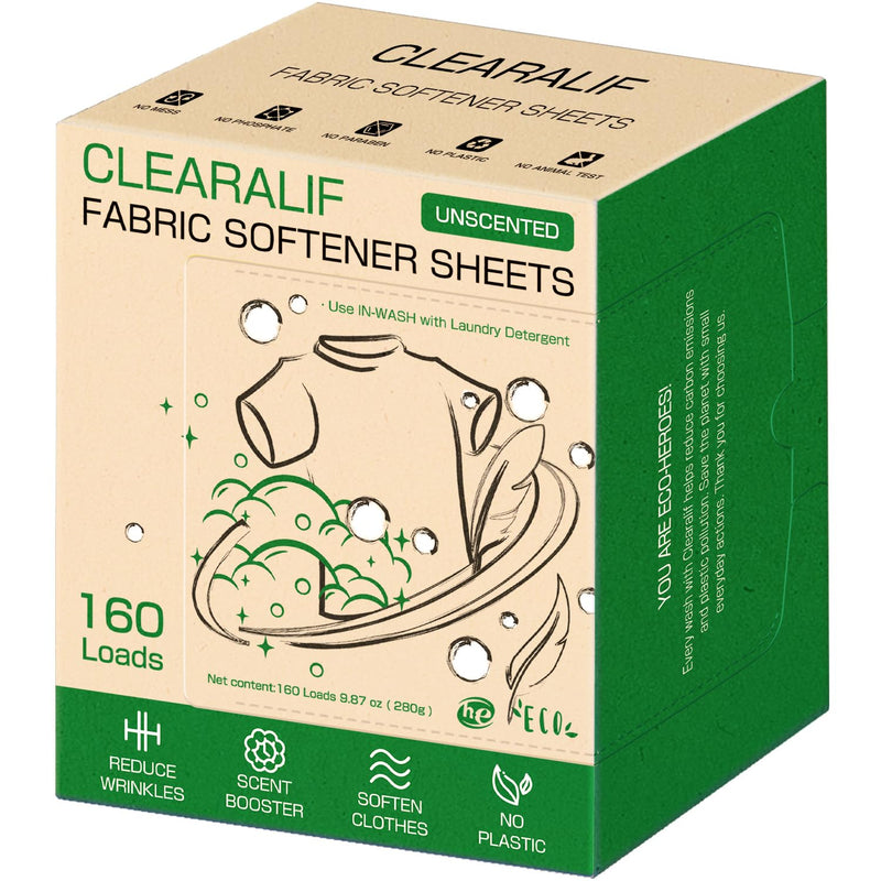 [Australia] - CLEARALIF laundry Fabric Softener Sheets, Unscented, 160 Loads, Eco Friendly, Great For Travel, Apartments, Dorms. 160 Count (Pack of 1) 