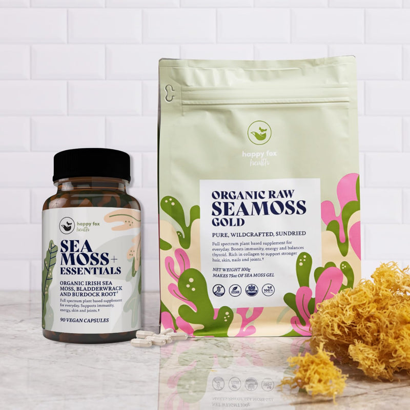 Gold Sea Moss Superfood Bundle - Organic Seamoss Raw & Irish Sea Moss, Bladderwrack and Burdock Root Capsules