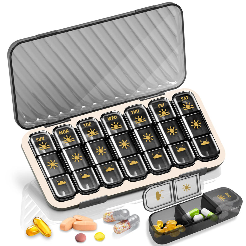 Weekly Pill Organizer 3 Times a Day, GloDeals Large Travel Pill Box 7 Day, Am Pm Three Daily Pill Case with Removable Medicine Container, Pill Holder for Vitamin, Supplement, Fish Oil, Black