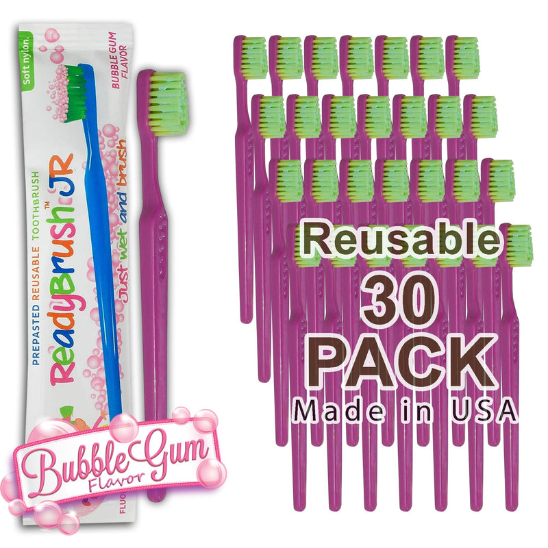 [Australia] - READYBRUSH JR 30 Reusable Prepasted Kids Toothbrushes with Bubblegum Flavor Toothpaste in the bristles- Bulk Toothbrushes Individually Wrapped - Travel Toothbrush for School, Camp, etc Made in the USA 