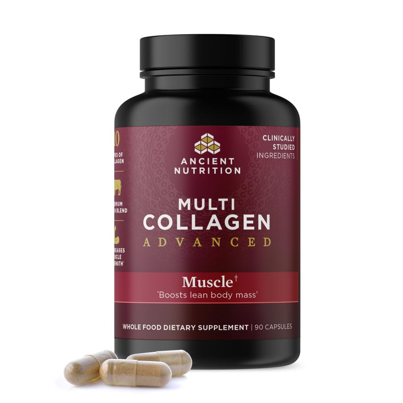 Ancient Nutrition Advanced Multi Collagen Protein Capsules Muscle, 90 Count | Women & Men, Vitamin C, Probiotics, Grass-fed Hydrolyzed Collagen, Supports Skin, Hair, Nails, Joints, Gut Health, 90 Count