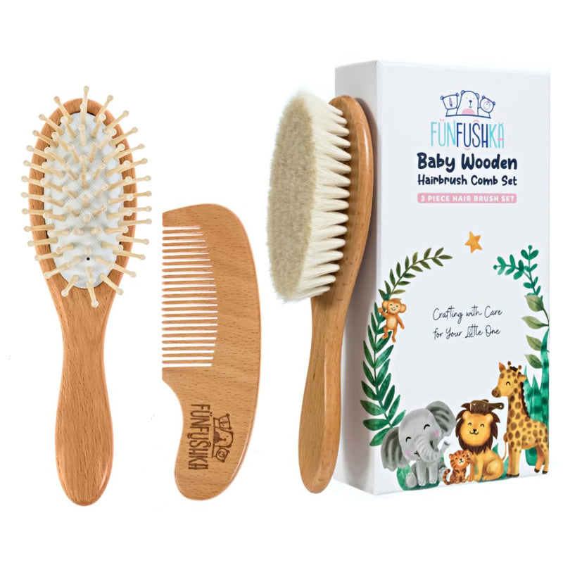 [Australia] - Baby Hair Brush Set for Newborns & Toddlers - Baby Brush and Comb Set - Ultra Soft Goat Hair Bristles, Perfect for Cradle Cap, Newborn Showers & Registries Gift, Comb Brush for Girls & Boys Beechwood 