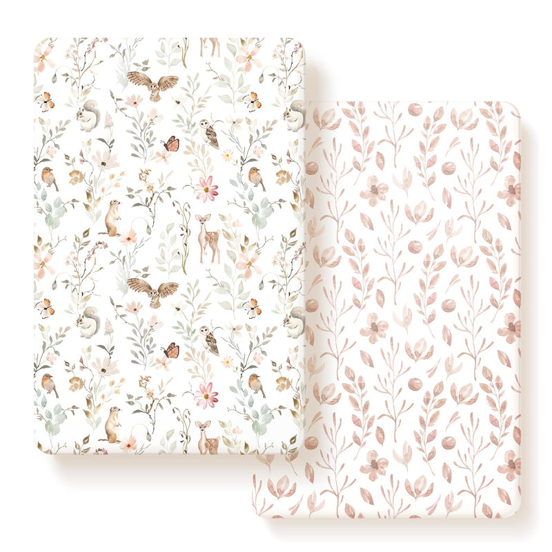 [Australia] - Pack n Play Sheets FItted 2 Pack, Stretchy Ultra Soft Jersey Knit Pack and Play Sheets, Universal Fitted Portable/Mini Crib Mattresses Snug and Safe, Beautiful Blush Pink Floral and Cute Animals Print 