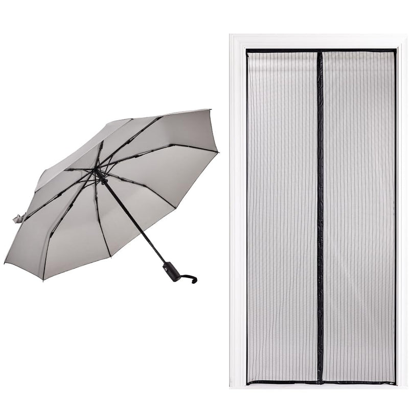GORILLA GRIP Umbrella and Magnetic Screen Door, Umbrella is Windproof and Compact in Gray Color, Magnetic Screen Door is 82x38 Inches, 2 Item Bundle